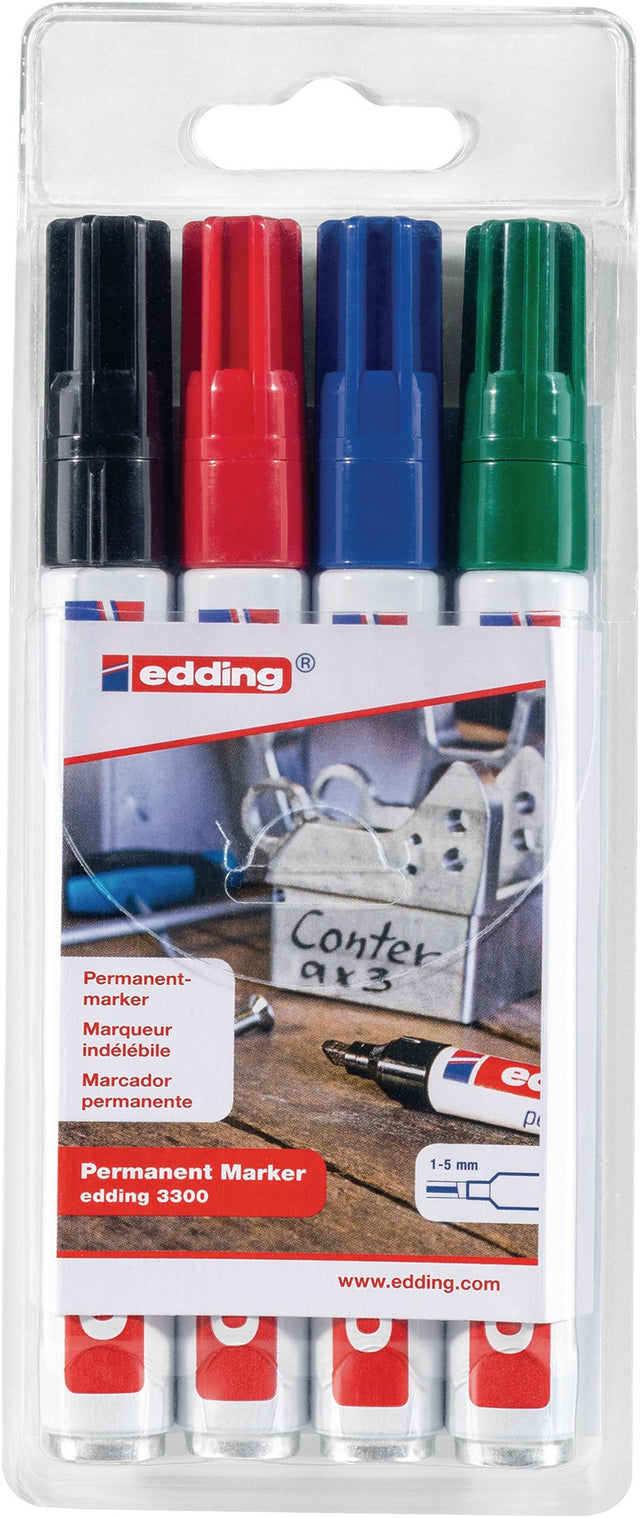EDDING Permanentmarkerset 3300 mit 4 Farben, Keilspitze 1-5 mm, nachfüllbar