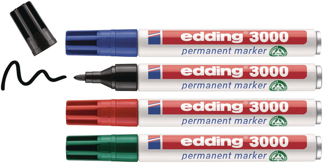 edding 3000 Permanentmarker-Set 4 Farben – Rundspitze 1,5–3 mm, nachfüllbar, wisch- & wasserfest