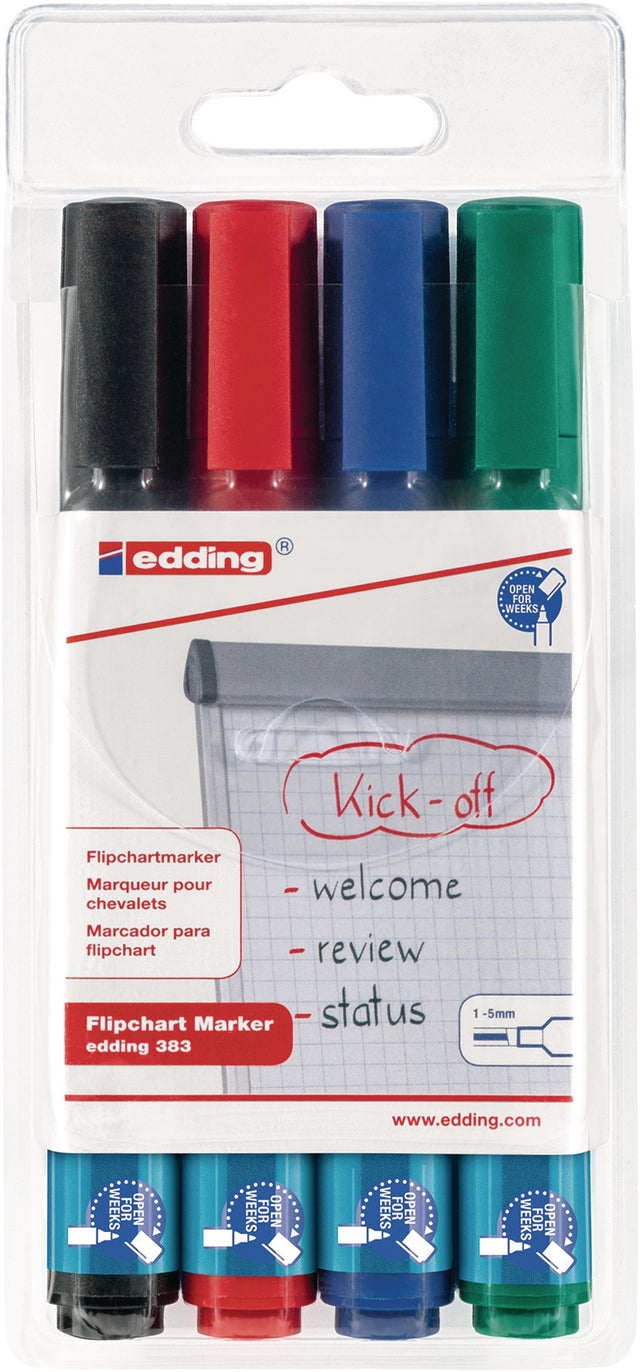 EDDING Flipchartmarker 383 im Etui – 4 brillante Farben, Keilspitze 1–5 mm, nachfüllbar