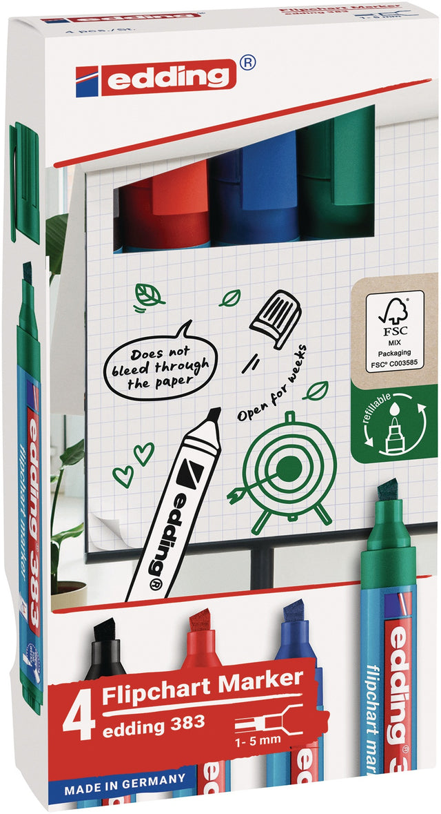 EDDING Flipchartmarker 383 Set – 4 brillante Farben, Keilspitze 1-5 mm, nachfüllbar