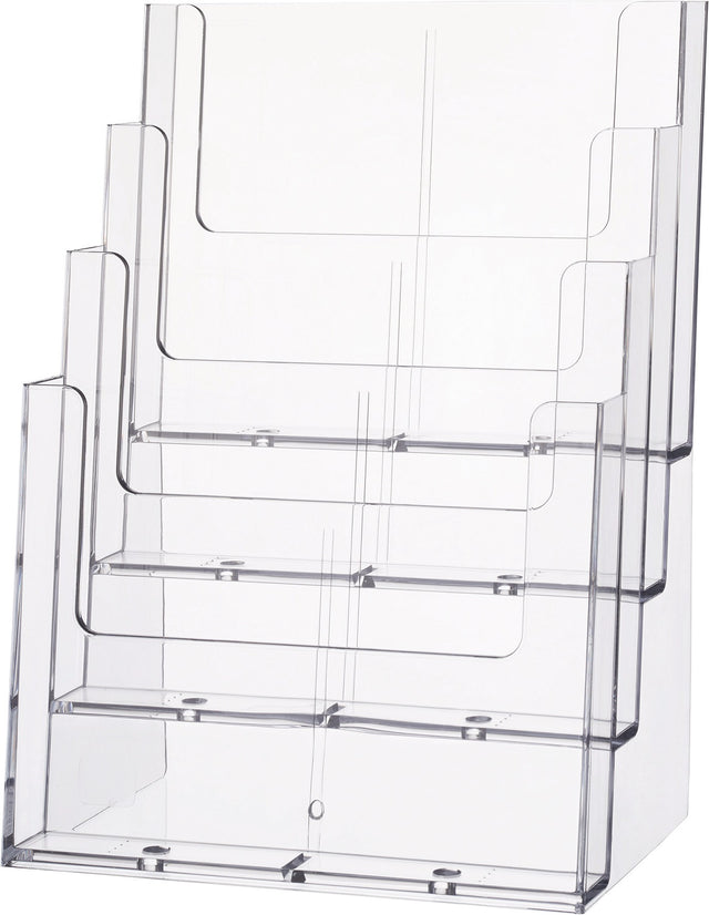 HELIT Tischprospekthalter 4 x DIN A4 hoch, freistehend, Kunststoff transparent – glasklar