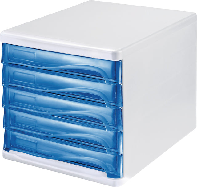HELIT Schubladenbox 5 Schubladen weiß/blautransparent Kunststoff H245xB265xT340 mm