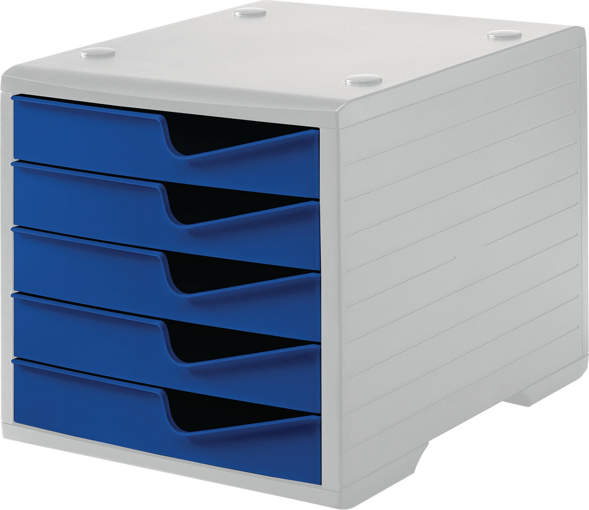 STYRO Ablagebox aus Polystyrol mit 5 Schubladen für DIN A4 – grau/blau, stapelbar