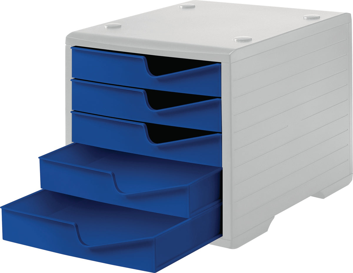 STYRO Ablagebox aus Polystyrol mit 5 Schubladen für DIN A4 – grau/blau, stapelbar