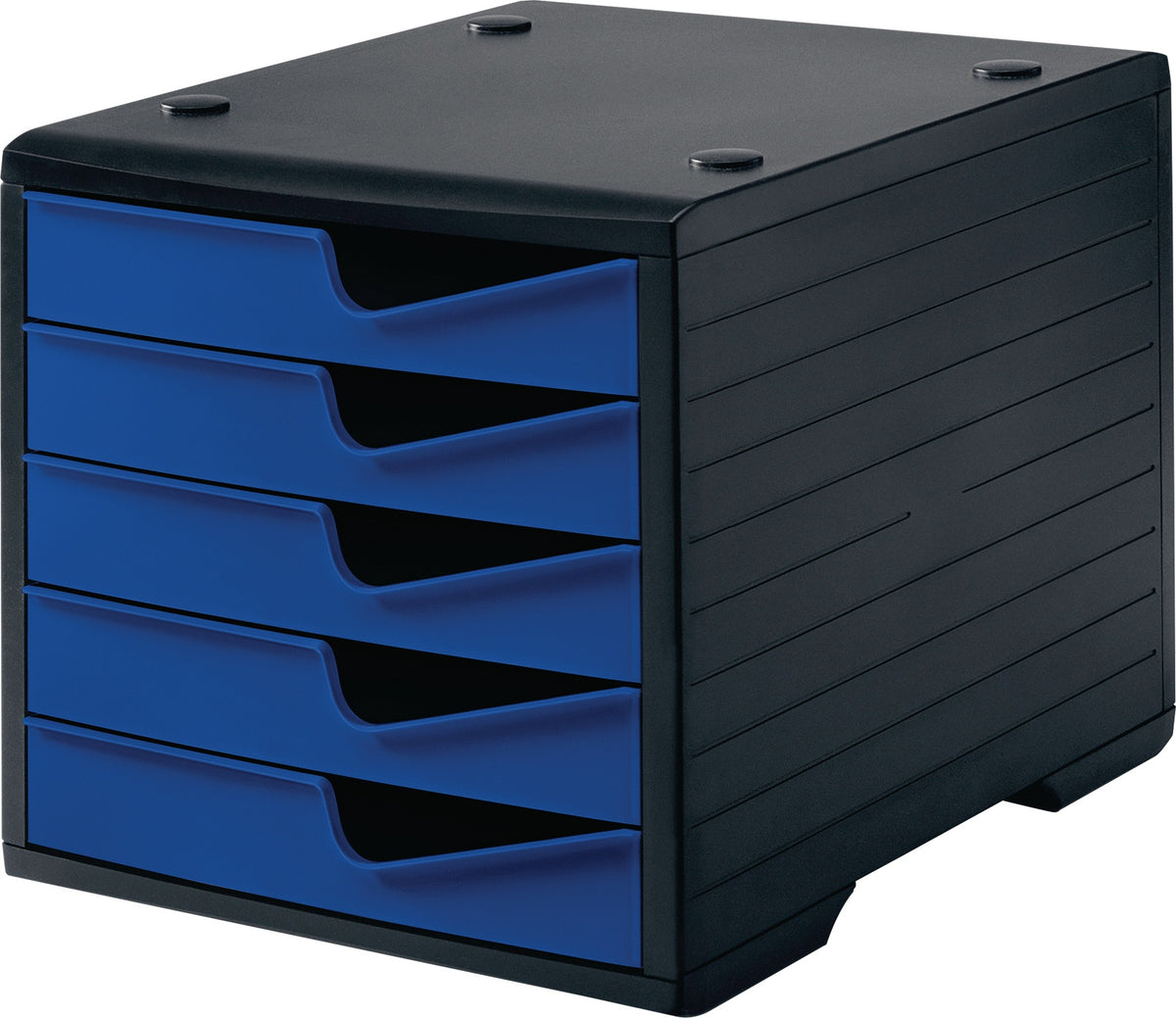 STYRO Ablagebox aus Polystyrol mit 5 Schubladen für DIN A4 – grau/blau, stapelbar
