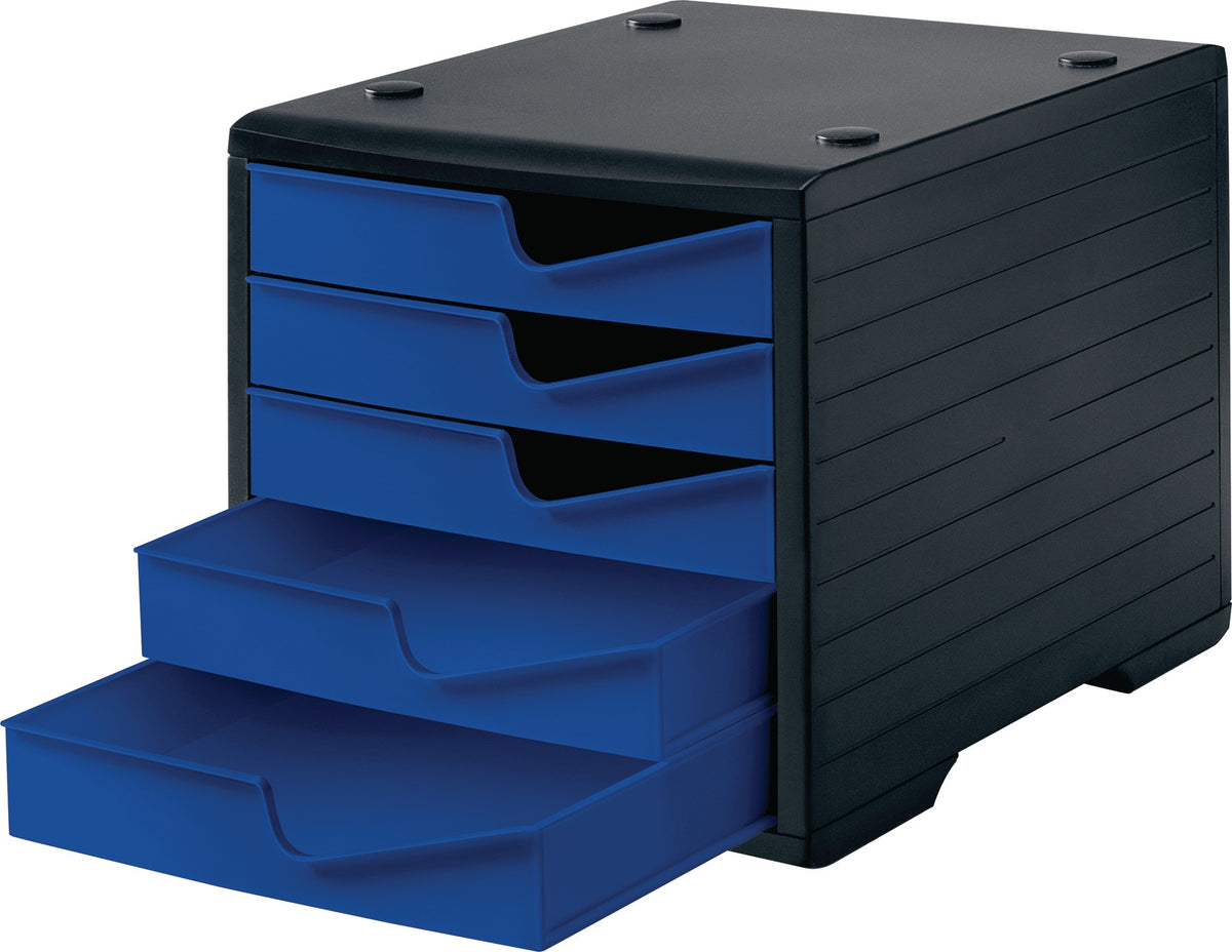 STYRO Ablagebox aus Polystyrol mit 5 Schubladen für DIN A4 – grau/blau, stapelbar