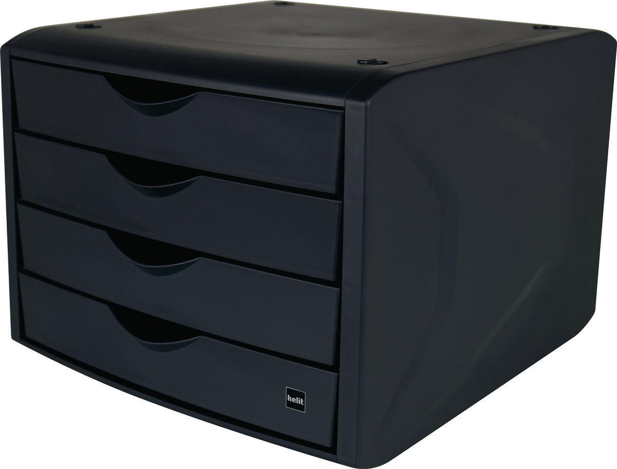 HELIT Schubladenbox mit Auszugssperre, 4 Schubladen, blau, DIN A4, H215xB265xT332mm