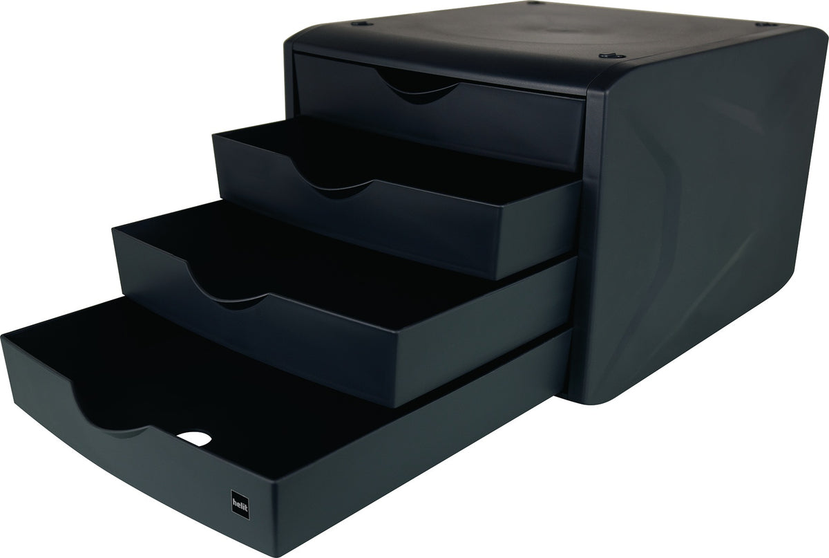 HELIT Schubladenbox mit Auszugssperre, 4 Schubladen, blau, DIN A4, H215xB265xT332mm