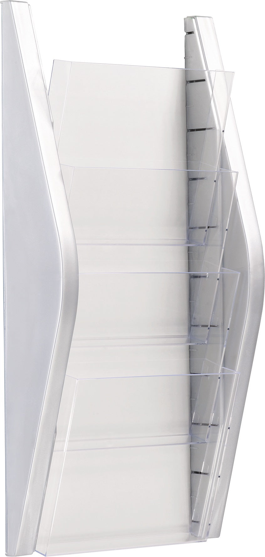 HELIT Prospekthalter H540xB280xT80mm DIN A4 hoch silber – 4 Fächer zur Wandmontage