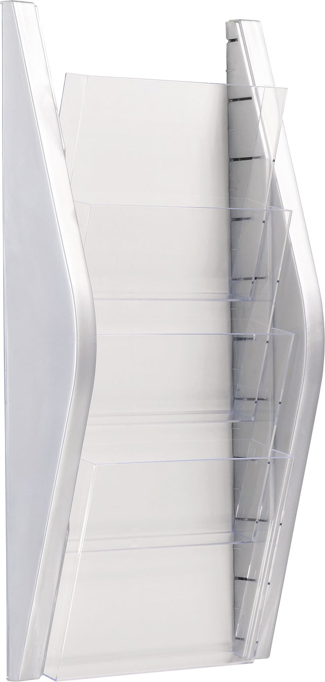 HELIT Prospekthalter H540xB280xT80mm DIN A4 hoch silber – 4 Fächer zur Wandmontage