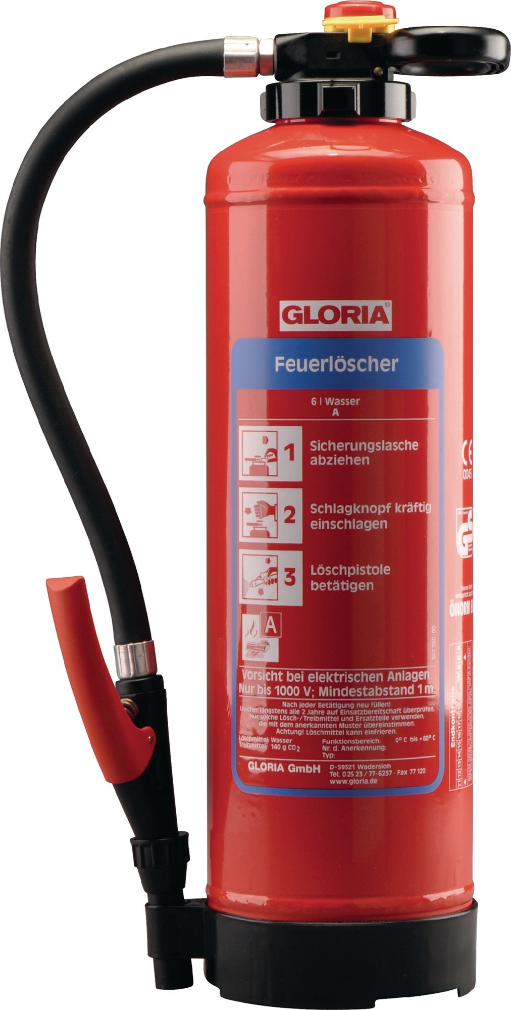 GLORIA Wasserfeuerlöscher 6 kg – wiederaufladbar, Brandklasse 34 A, mit Wandhalter