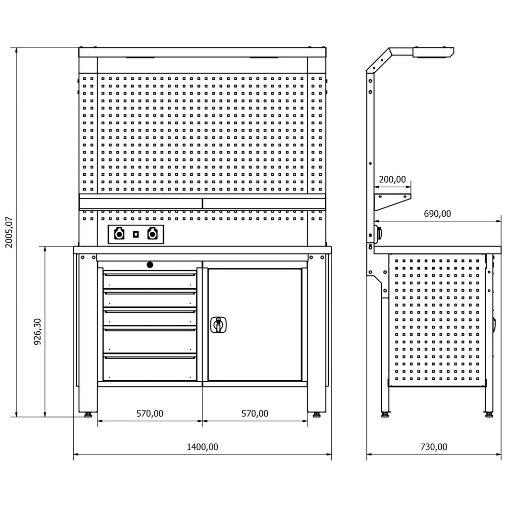 Bullram TOOLBOX4YOU 140cm Profi Werkbank mit Schubladen und Rückwand WBG01 - 1400x730x2050mm
