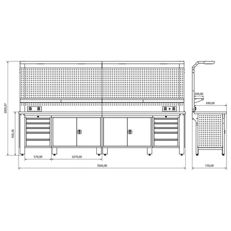 Bullram TOOLBOX4YOU Profi Werkbank mit Schubladen und Rückwand WBG04 - 3560x700x1995mm