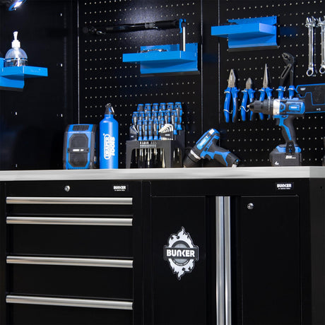 BUNKER 196cm Modulare Werkstatteinrichtung Werkbank mit Edelstahl-Arbeitsplatte - 11-teilig - D04503