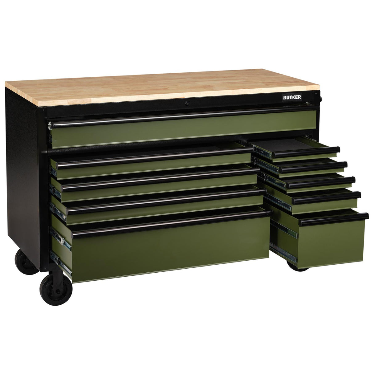 BUNKER Profi Werkbank mit Rollen 56 Zoll, 155 cm - Blau - Werkbank mit Schubladen - 10 Schubladen - D08236