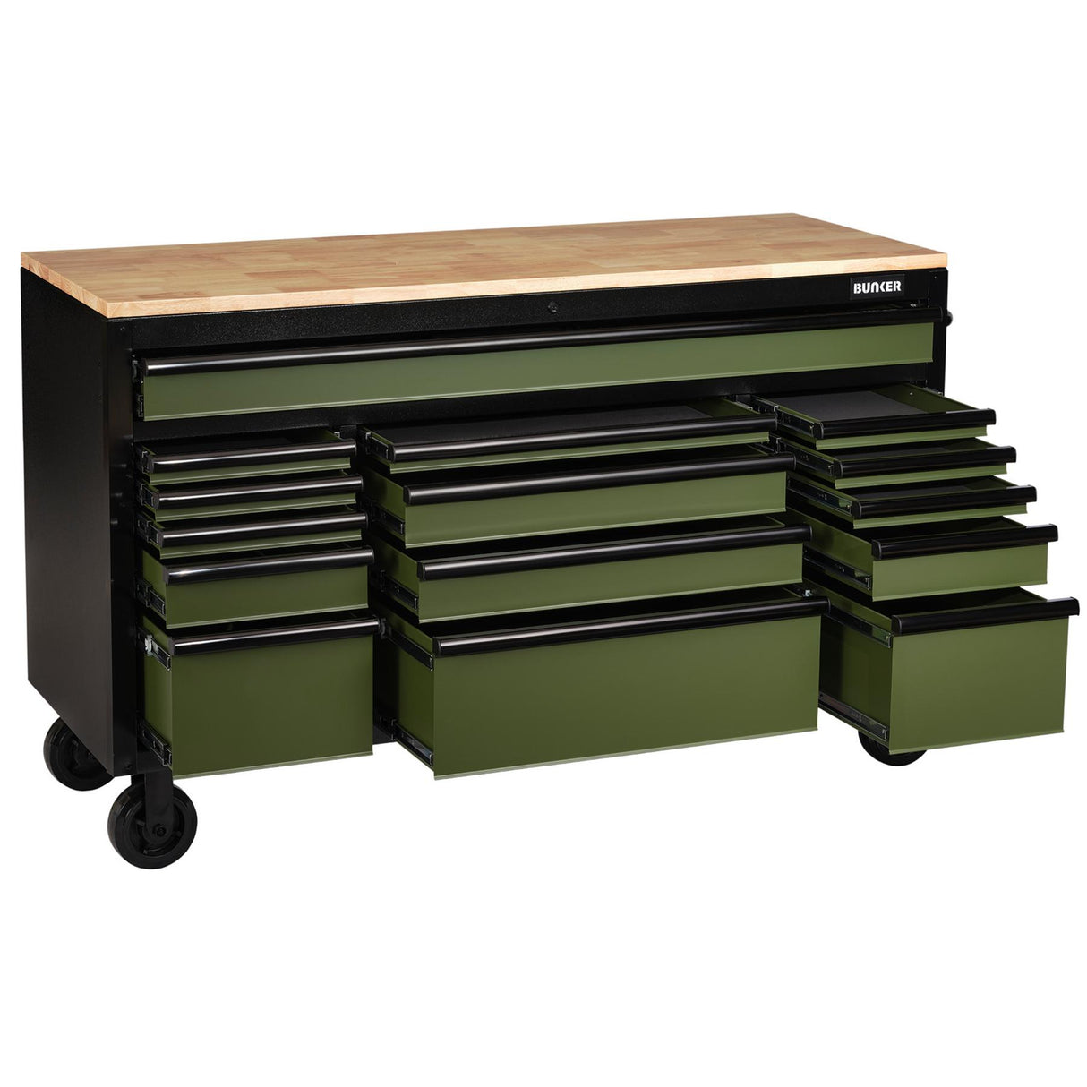 BUNKER Profi Werkbank mit Schubladen 61 Zoll, 155 cm - Grün - Werkbank mit Rollen - 15 Schubladen - D10368