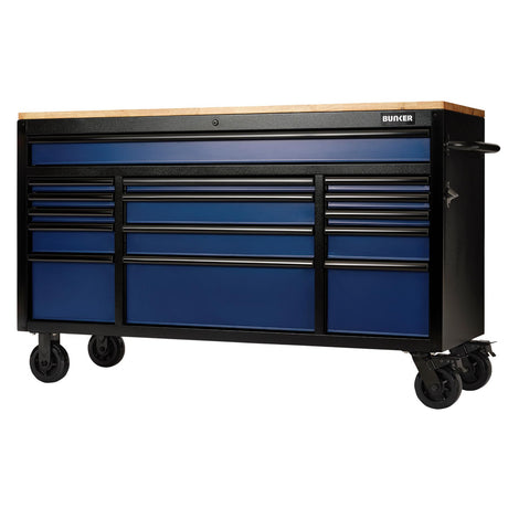 BUNKER Profi Werkbank mit Rollen 61 Zoll, 155 cm - Blau - Werkbank mit Schubladen - 15 Schubladen - D10747