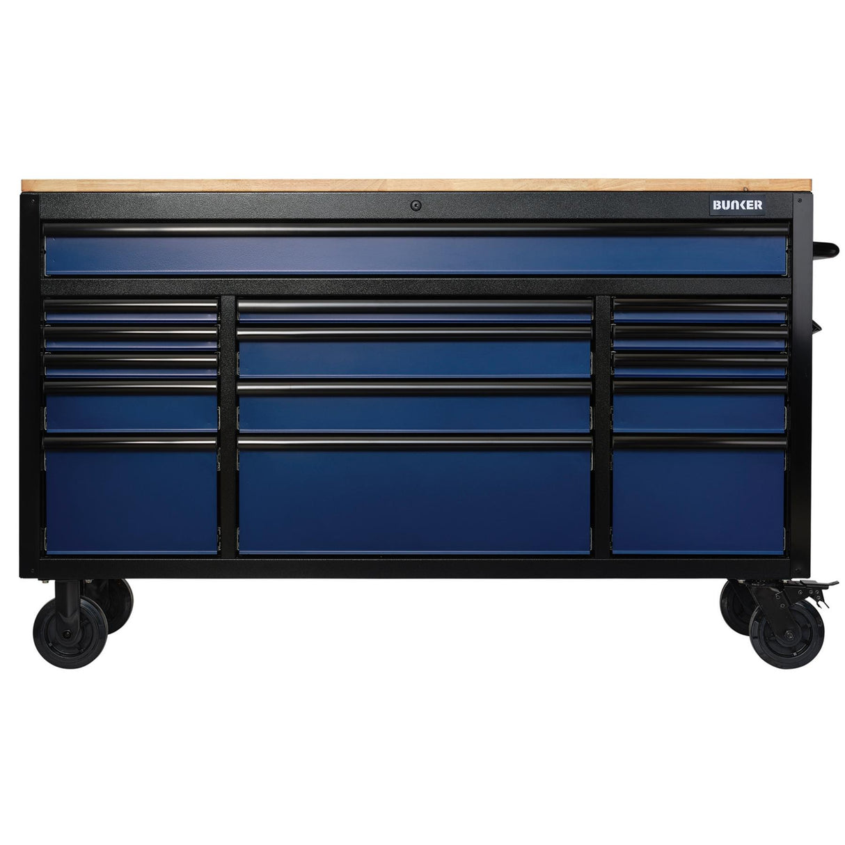 BUNKER Profi Werkbank mit Rollen 61 Zoll, 155 cm - Blau - Werkbank mit Schubladen - 15 Schubladen - D10747