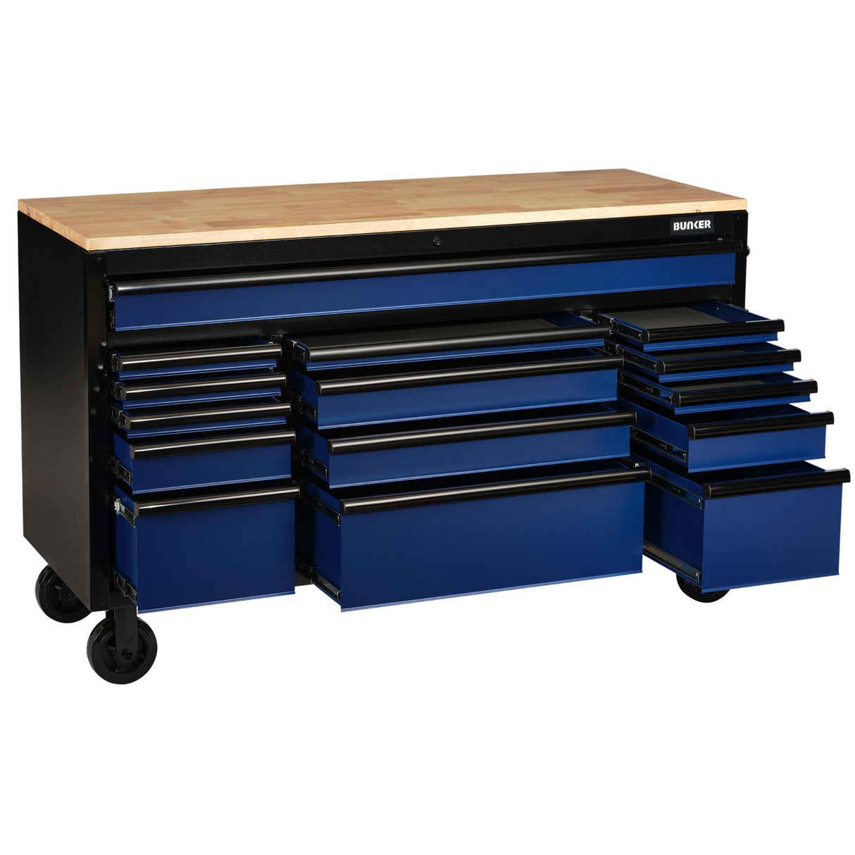 BUNKER Profi Werkbank mit Rollen 61 Zoll, 155 cm - Blau - Werkbank mit Schubladen - 15 Schubladen - D10747