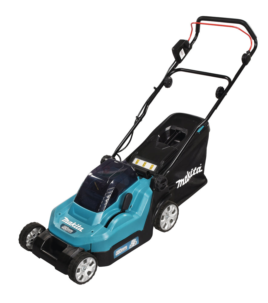 Makita Akku-Rasenmäher 2x18 V mit Kunststoffdeck – 38 cm Schnittbreite inkl. Ladegerät & Akkus - DLM382PM2