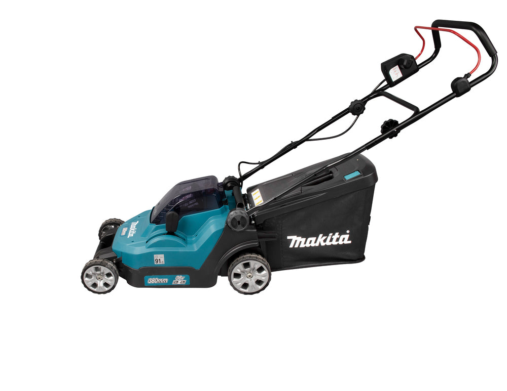 Makita Akku-Rasenmäher 2x18 V mit Kunststoffdeck – 38 cm Schnittbreite inkl. Ladegerät & Akkus - DLM382PM2