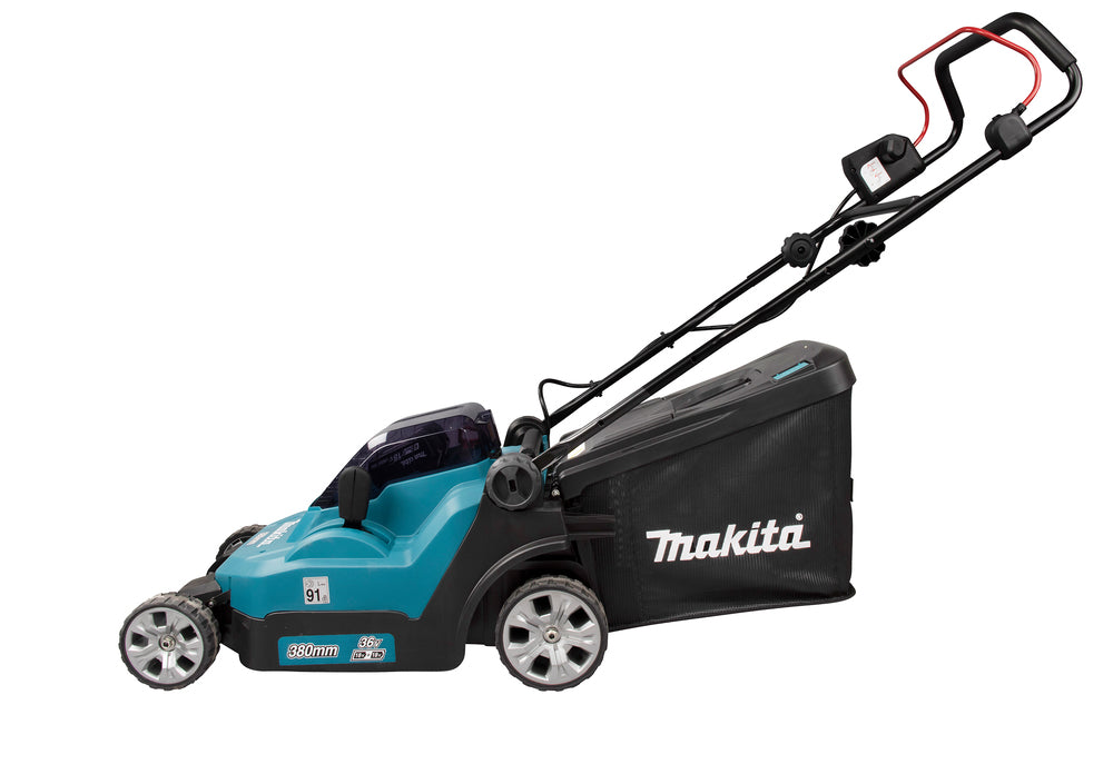 Makita Akku-Rasenmäher 2x18 V mit Kunststoffdeck – 38 cm Schnittbreite inkl. Ladegerät & Akkus - DLM382PM2