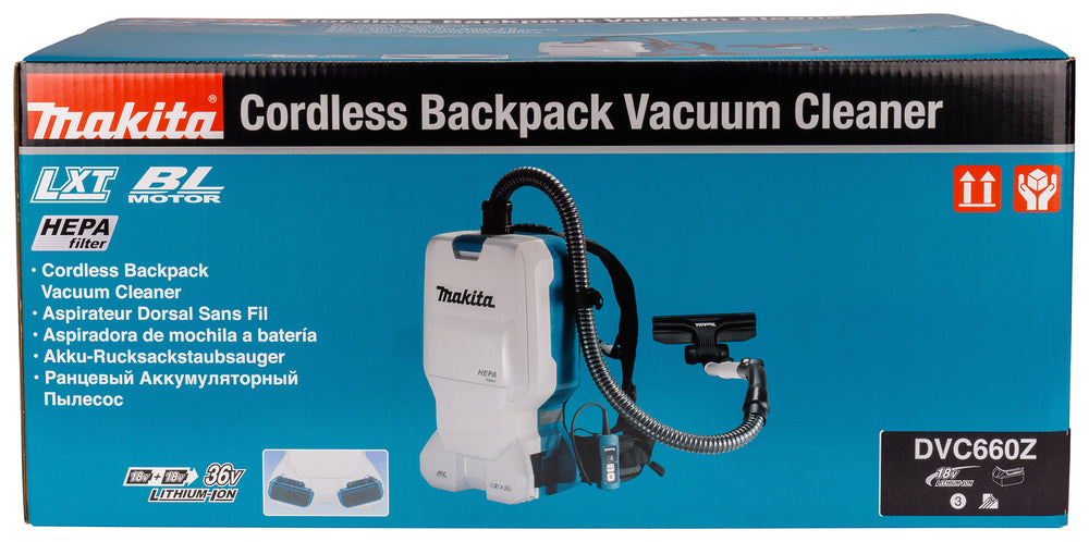 Makita Akku-Rucksackstaubsauger 2x18V – mit teleskopierbarem Saugrohr & HEPA-Filter - DVC660Z