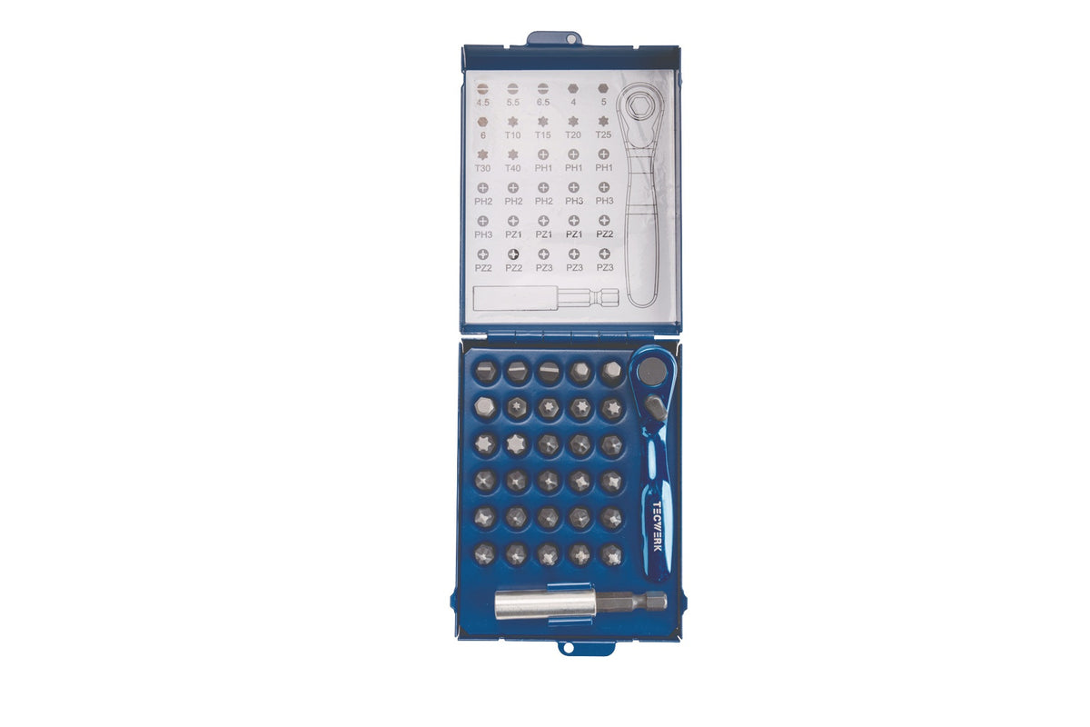 TECWERK Bitsortiment 32-teilig Schlitz/PH/PZD/T/6KT. mit Bitknarre und Magnet-Bithalter