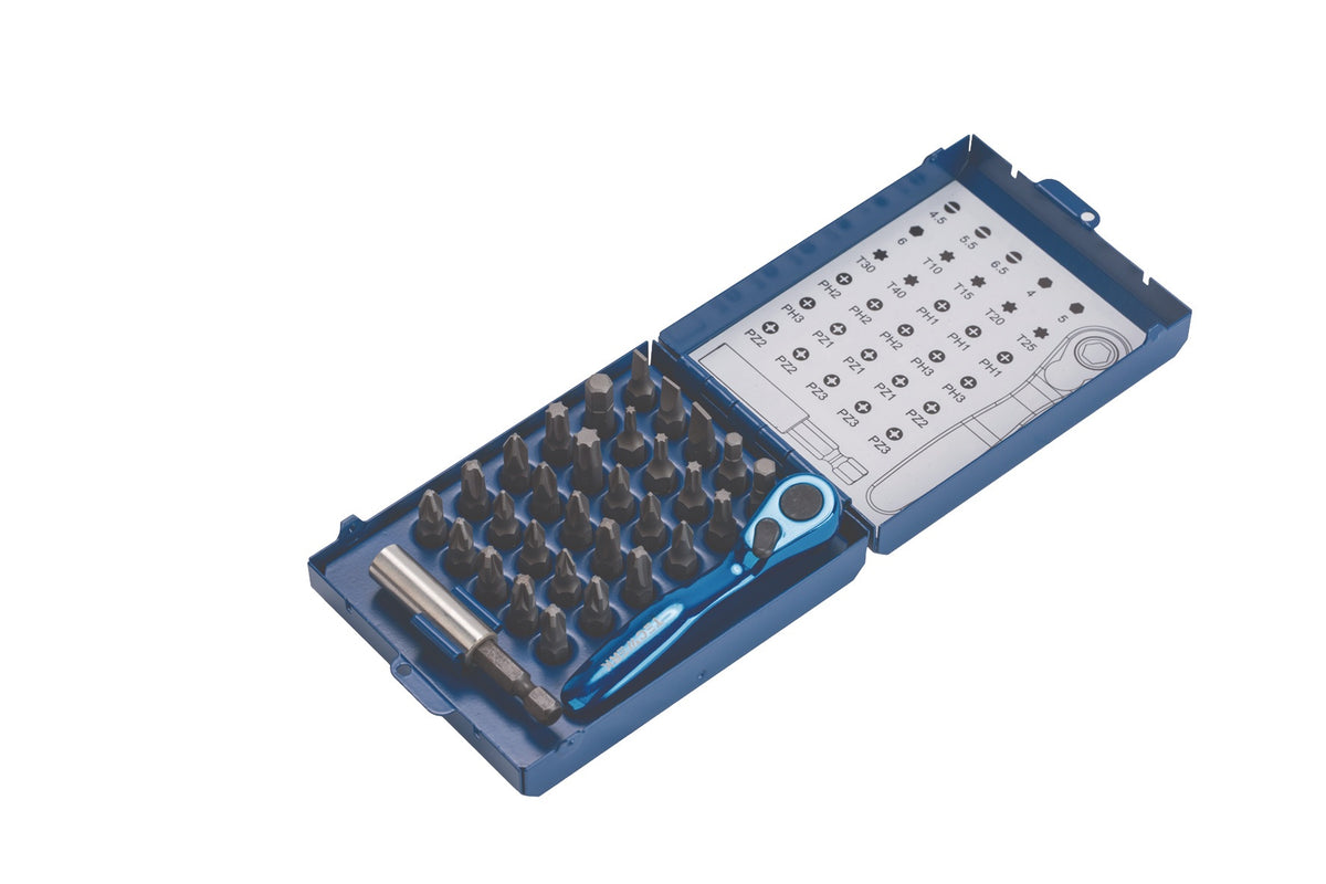 TECWERK Bitsortiment 32-teilig Schlitz/PH/PZD/T/6KT. mit Bitknarre und Magnet-Bithalter