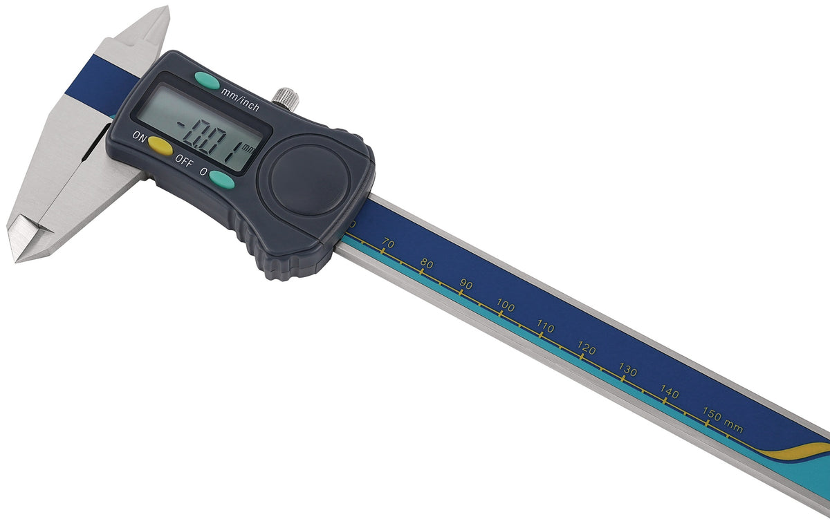 TECWERK Digitaler Messschieber DIN 862 150 mm mit Feststellschraube, eckigem Tiefenmaß und 8-mm-Ziffern