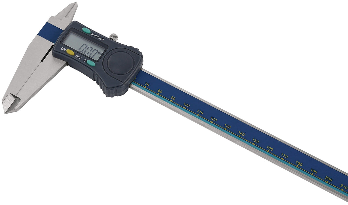 TECWERK Digitaler Messschieber DIN 862 150 mm mit Feststellschraube, eckigem Tiefenmaß und 8-mm-Ziffern
