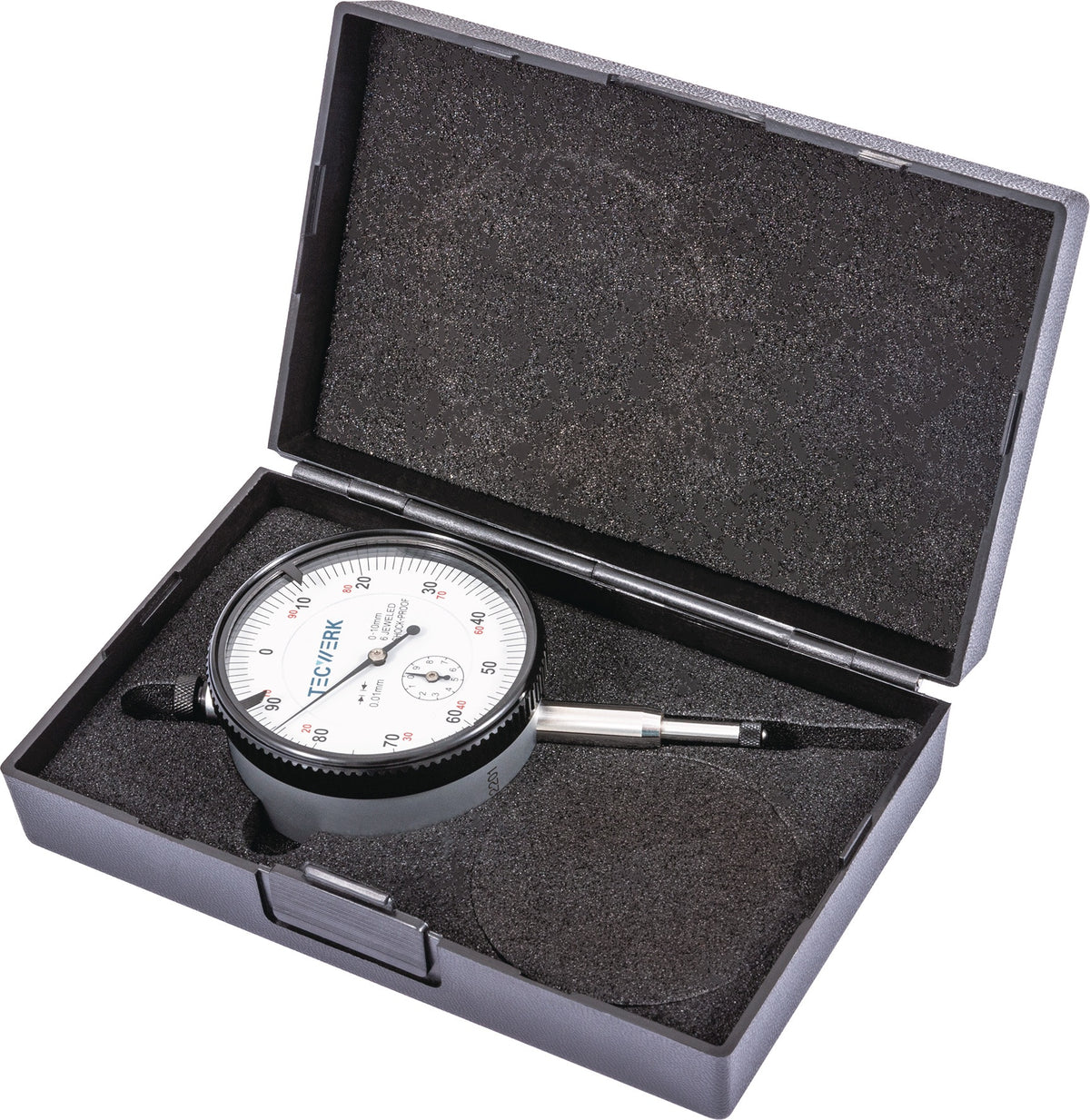 TECWERK Messuhr DIN 878 10 mm analog mit Stoßschutz, Ablesung 0,01 mm
