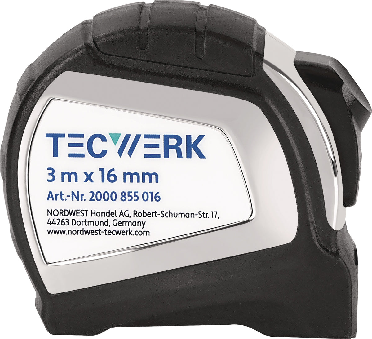 TECWERK Taschenrollbandmaß 3 m, 16 mm Bandbreite, mm/cm Teilung, EG II, Automatic – 2K-Gehäuse