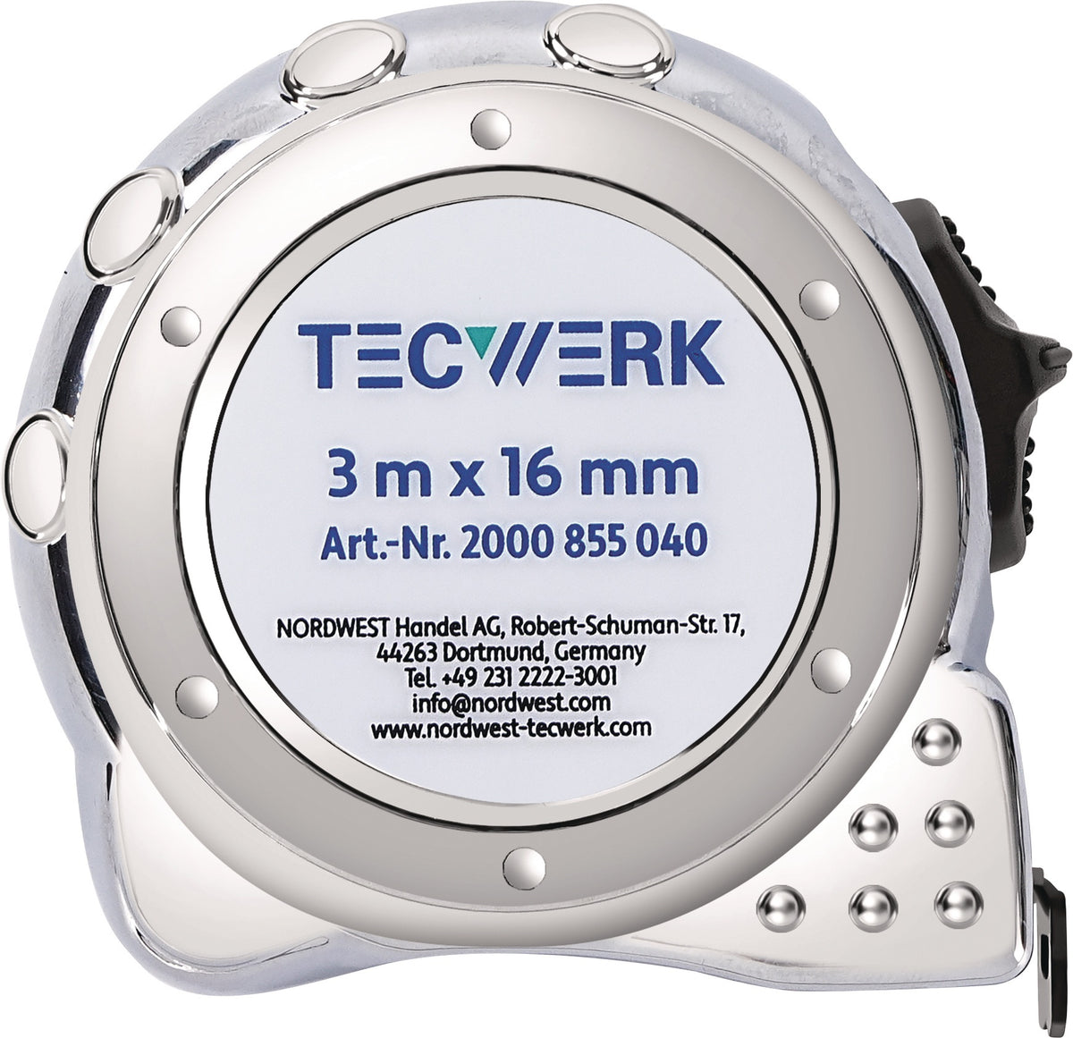 TECWERK Taschenrollbandmaß 3 m, 16 mm Bandbreite, mm/cm Teilung, EG II Genauigkeit, verchromtes Kunststoffgehäuse