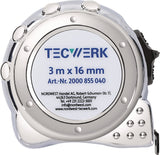 TECWERK Taschenrollbandmaß 3 m, 16 mm Bandbreite, mm/cm Teilung, EG II Genauigkeit, verchromtes Kunststoffgehäuse