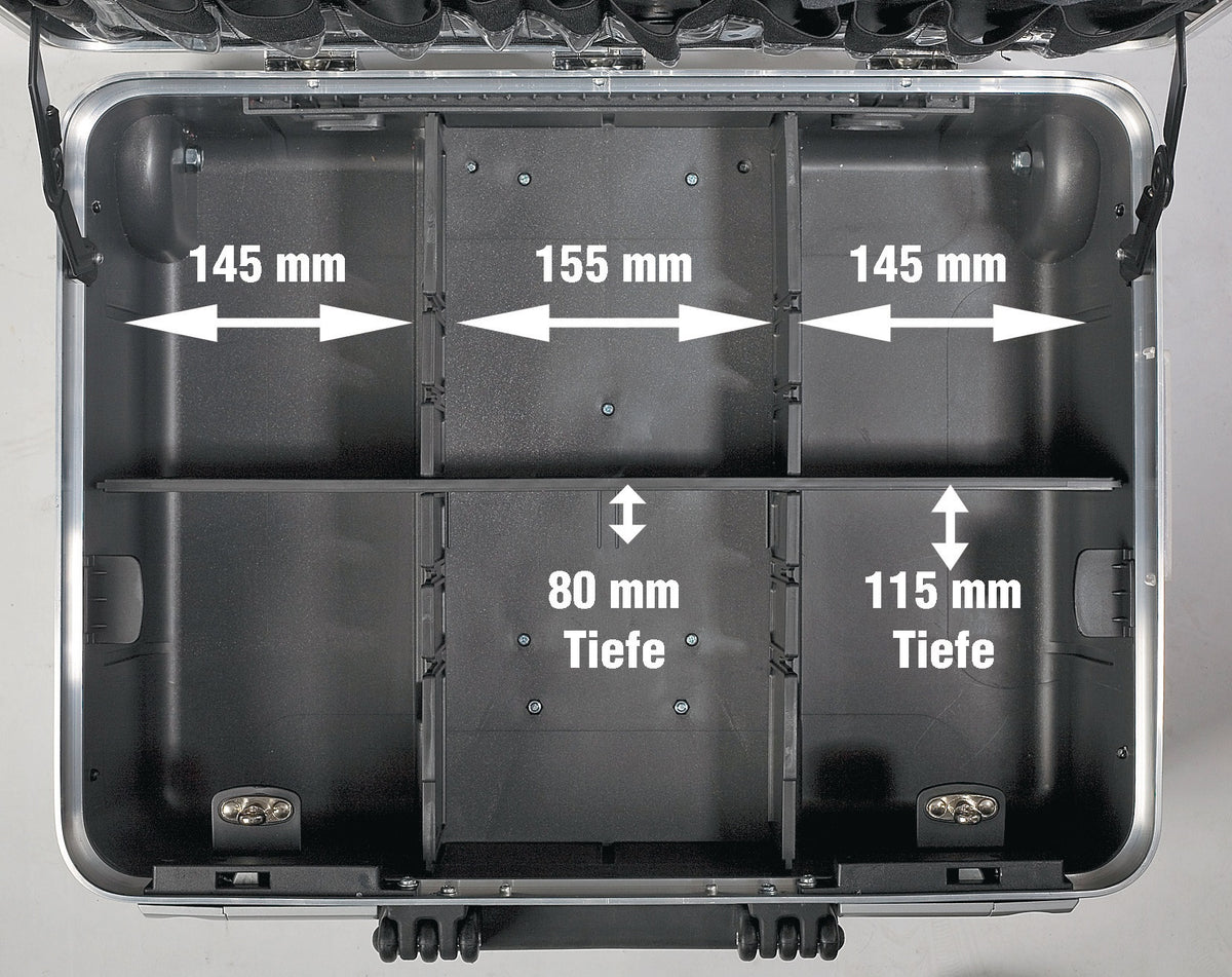 TECWERK Schalenkoffer rollbar 42 l Polypropylen mit 4 Werkzeugtafeln und Teleskopauszug
