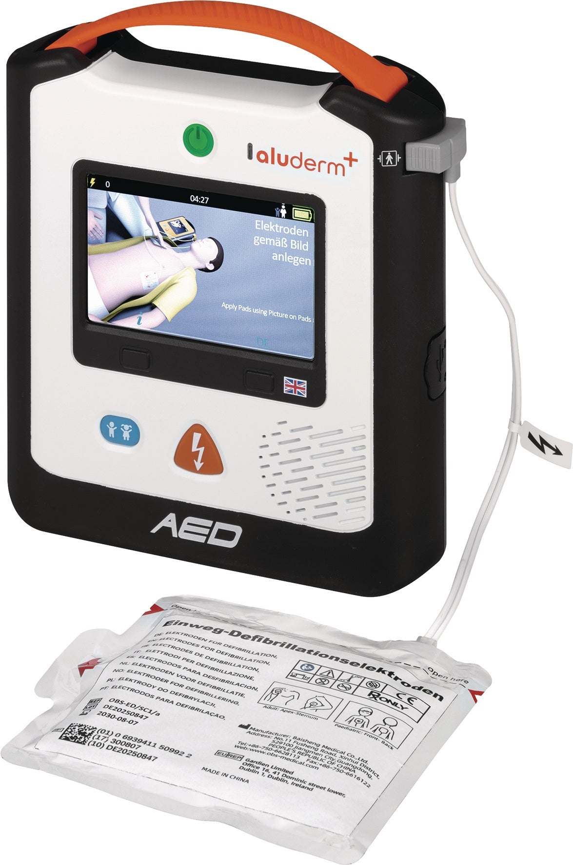 ALUDERM Defibrillator AED A2 halbautomatisch mit Sprachausgabe DE-EN-FR – Schnelle Analyse in 7 Sekunden