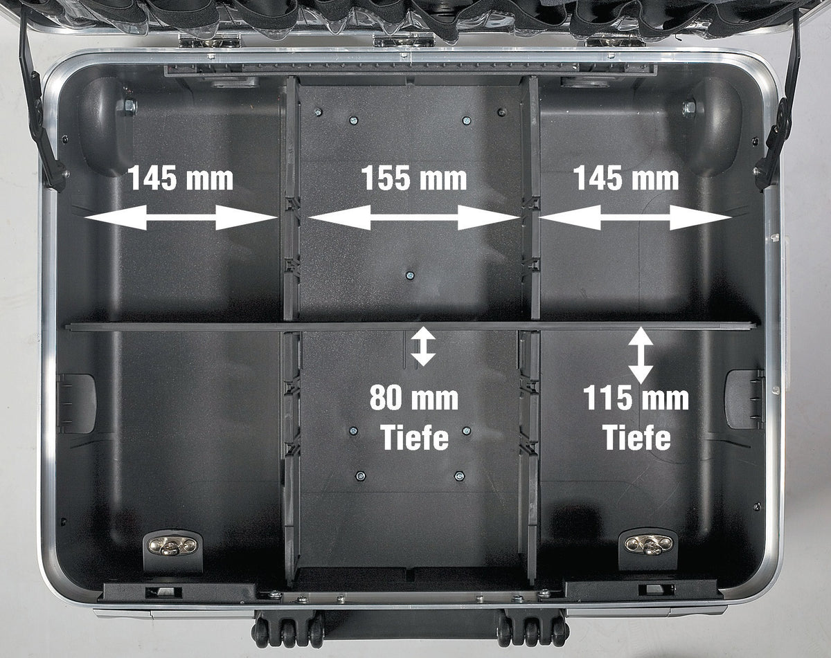 PROMAT Schalenkoffer rollbar 42 l Polypropylen, Alurahmen, 4 Werkzeugtafeln, 25 kg