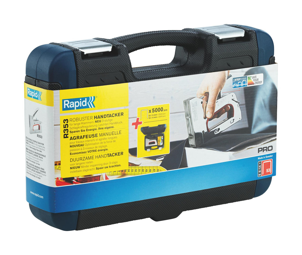 RAPID Handtacker R353 aus Stahl mit 3-Stufen-Schlagkraftregelung und 5.000 Klammern