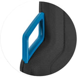Arbeitsdrehstuhl Nexxit von BIMOS mit Bodengleitern, blauer Grifffarbe und schwarzem Kunstlederpolster