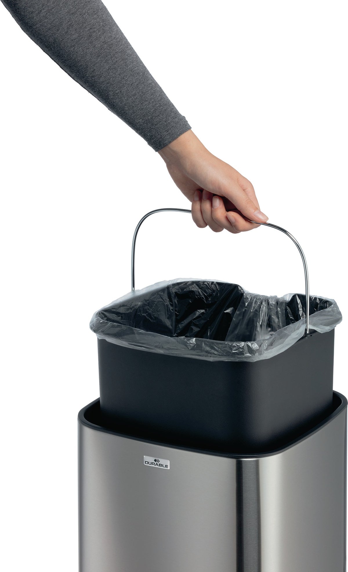 DURABLE Abfallsammler NO TOUCH 12L – Sensor-Tretabfallsammler Edelstahl metallic silber