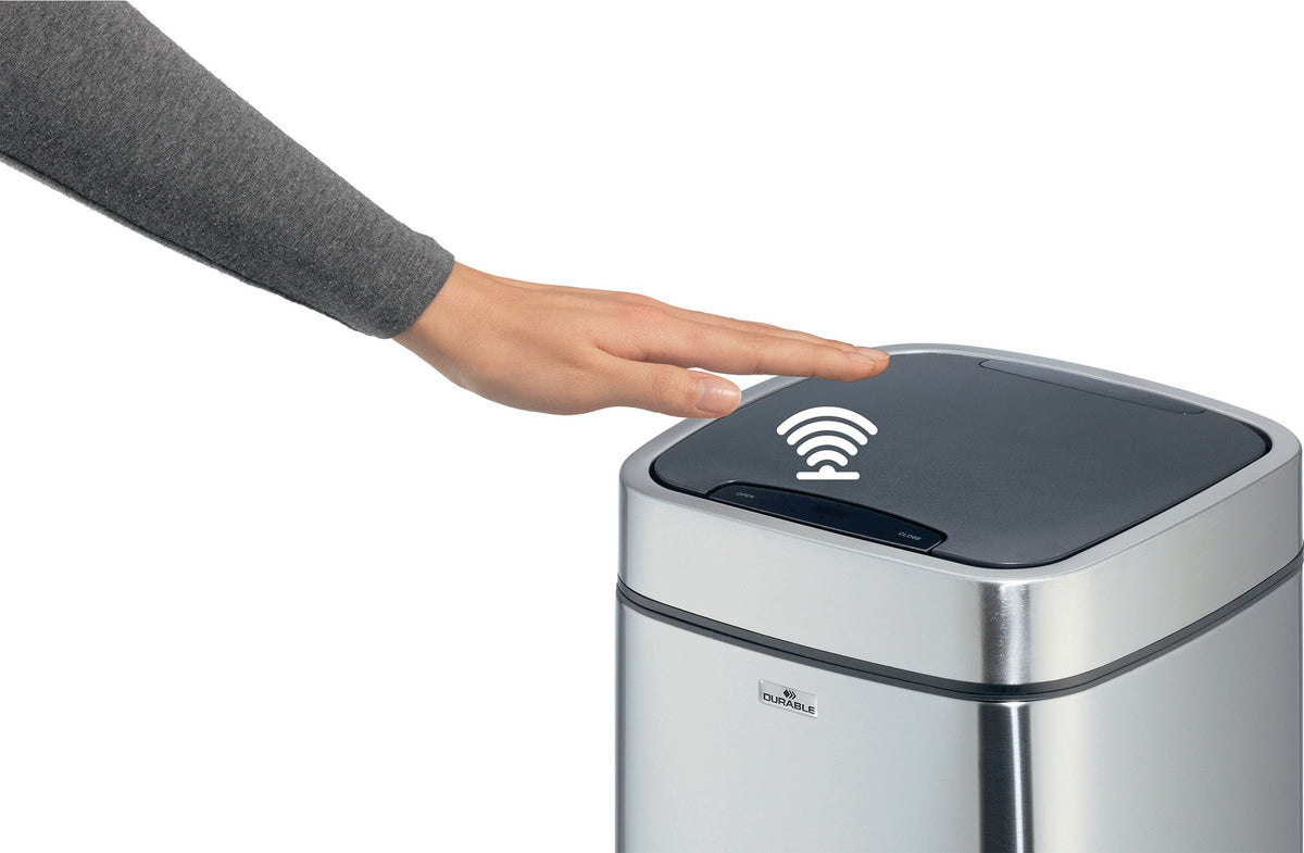 DURABLE Abfallsammler NO TOUCH 12L – Sensor-Tretabfallsammler Edelstahl metallic silber