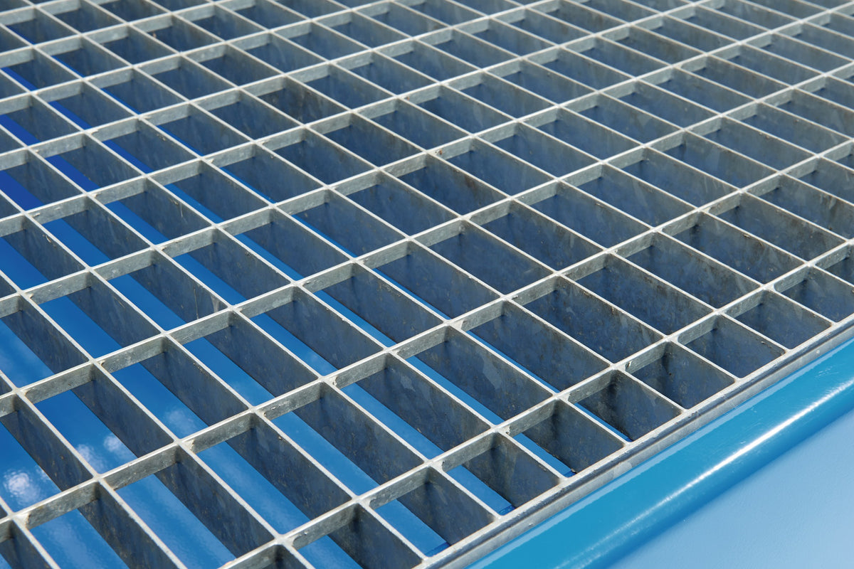 PROMAT Auffangwanne 215 l Stahlblech enzianblau mit Gitterrost – 1200 x 800 x 360 mm