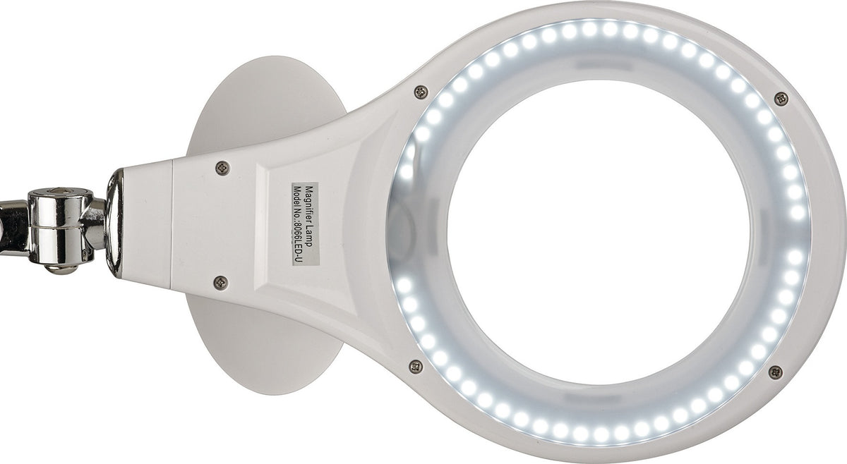 LED-Lupenleuchte Glaslinse 127mm (5 Zoll) Tischklemme weiß von Jakob Maul – 3 Dioptrien, 922 Lumen, 6500K