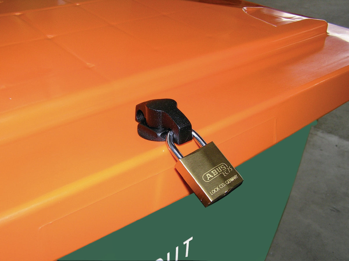 CRAEMER Streugutbehälter 210 l HD-PE grün/orange – frostbeständig, mit Deckel und Rückfallsicherung