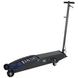 A black hydraulic floor jack with a long handle, featuring a blue lifting pad, a control panel with gauges, and four caster wheels for mobility, designed for lifting vehicles.