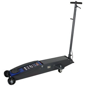 A black hydraulic floor jack with a long handle, featuring a blue lifting pad, a control panel with gauges, and four caster wheels for mobility, designed for lifting vehicles.