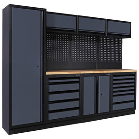 Professional workshop cabinet system with pegboard tool wall, drawers, storage cabinets and wooden worktop for garage organization, available at Tools.de