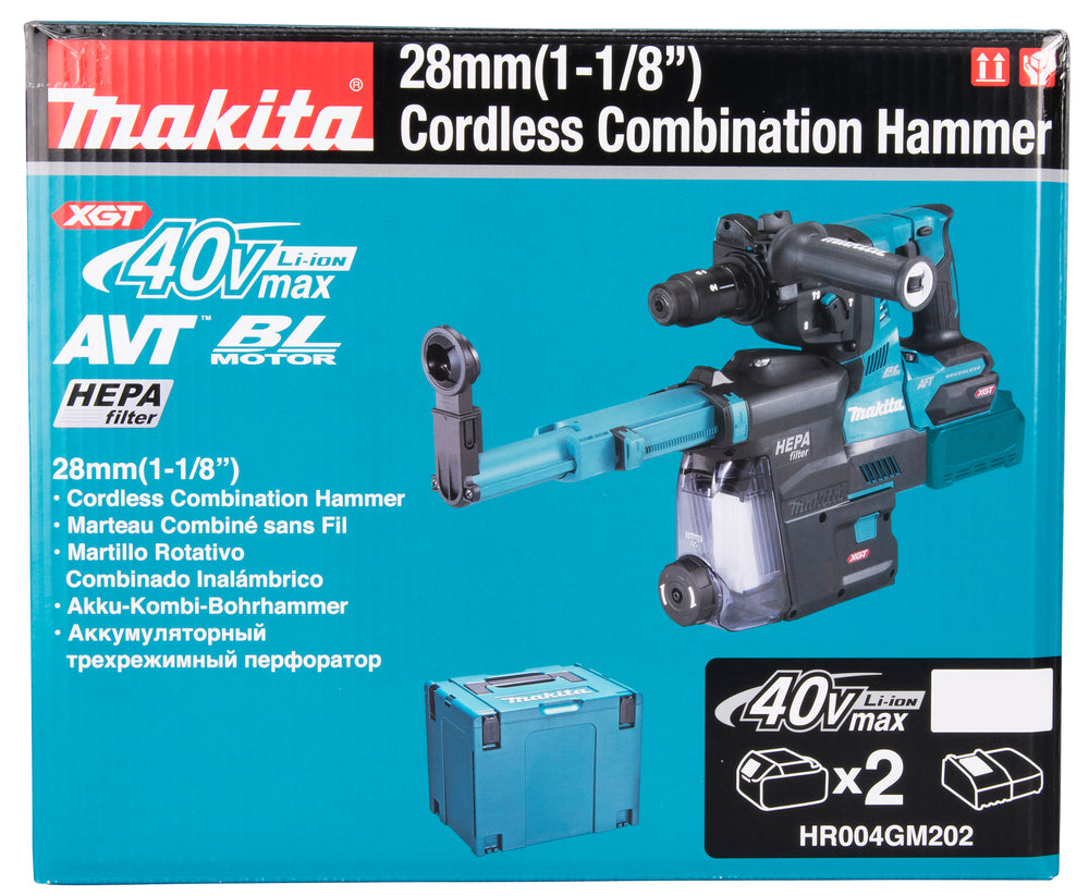 Makita Akku-Kombihammer SDS-MAX – 40V max., inkl. 2x 4,0 Ah Akkus, Ladegerät, MAKPAC & Staubabsaugung DX14 - HR004GM202