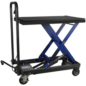 Mobile scissor lift table with hydraulic foot pump and caster wheels, 225 kg capacity – Tools.de.